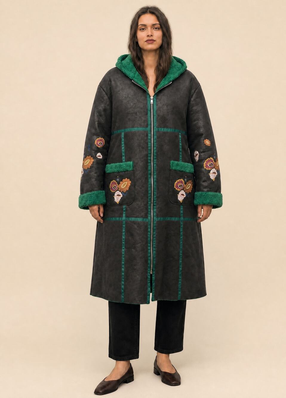 Hooded Parka Womens Faux Leather Suede Lamb Wool Lined Winter Thick Warm Outwear